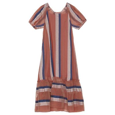 谜底100%桑蚕丝连衣裙秋季新品条纹撞色A型长裙短袖243GL1173