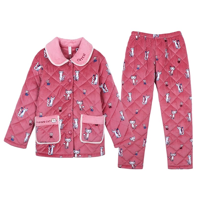 清仓芬腾睡衣女士冬季珊瑚绒夹棉三层加厚加棉高级感女家居服套装