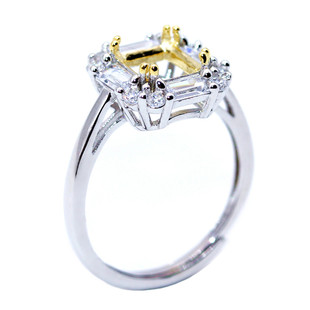 精工925银戒指空托公主方形双色戒托宝石定制18K金6*6-7*7-8*8