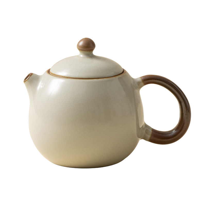 高档米黄汝窑龙蛋壶家用泡茶西施壶办公室陶瓷茶杯开片可养茶具