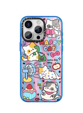benefit蓝粉条纹涂鸦小花猫适用于iphone17promax苹果16PRO晶盾磁吸手机壳15新款13套14波漾纹12防摔彩色边框