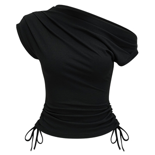 Go Girl Go 欧美风性感露肩斜领短袖T恤女夏纯色抽绳修身辣妹上衣