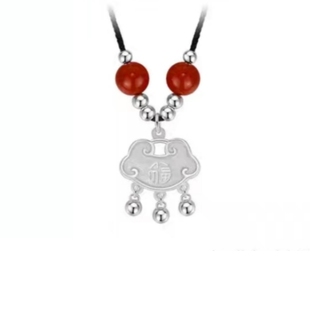 平安福锁项链女足银长命银锁纯银玛瑙吊坠黑绳颈链送女友生日礼物