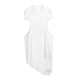 VAPOURBLUE新中式短袖露背连衣裙女夏季白色设计感中长款显瘦裙子