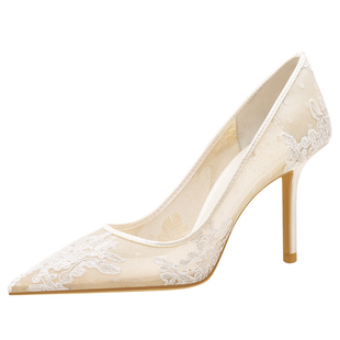 rosecastle 刺绣蕾丝高跟鞋女法式婚纱新娘鞋白色订婚礼服鞋