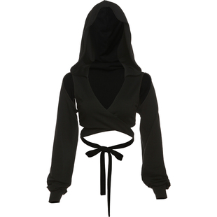 WEIRD PUSS 废土风气质慵懒小性感黑色镂空连帽长袖T恤显瘦上衣女