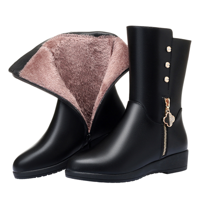 2025年新款棉靴粗跟加绒中筒靴