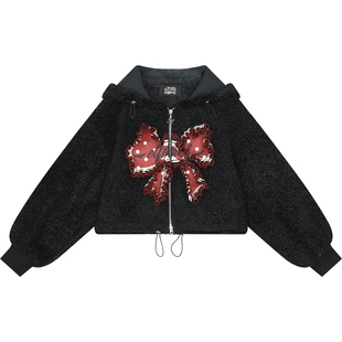 妖精的口袋亮丝毛绒夹棉厚外套女2026年冬季新款大蝴蝶结设计感