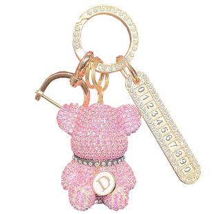 卡通满钻坐熊汽车钥匙扣创意可选镶钻号码牌挂件防丢失钥匙链礼物