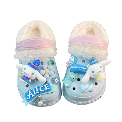 可爱卡通风女童冬季加绒洞洞拖鞋