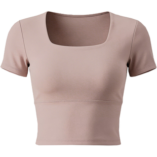 粉色带胸垫瑜伽服上衣女夏绝美健身衣运动普拉提训练套装短袖漂亮