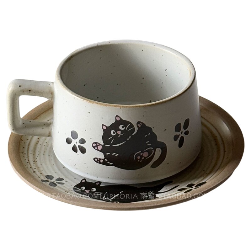 复古粗陶杏色可爱猫咪咖啡杯碟