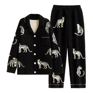 悦内半边绒睡衣女秋冬季冬款珊瑚绒加绒加厚家居服保暖黑色老钱风