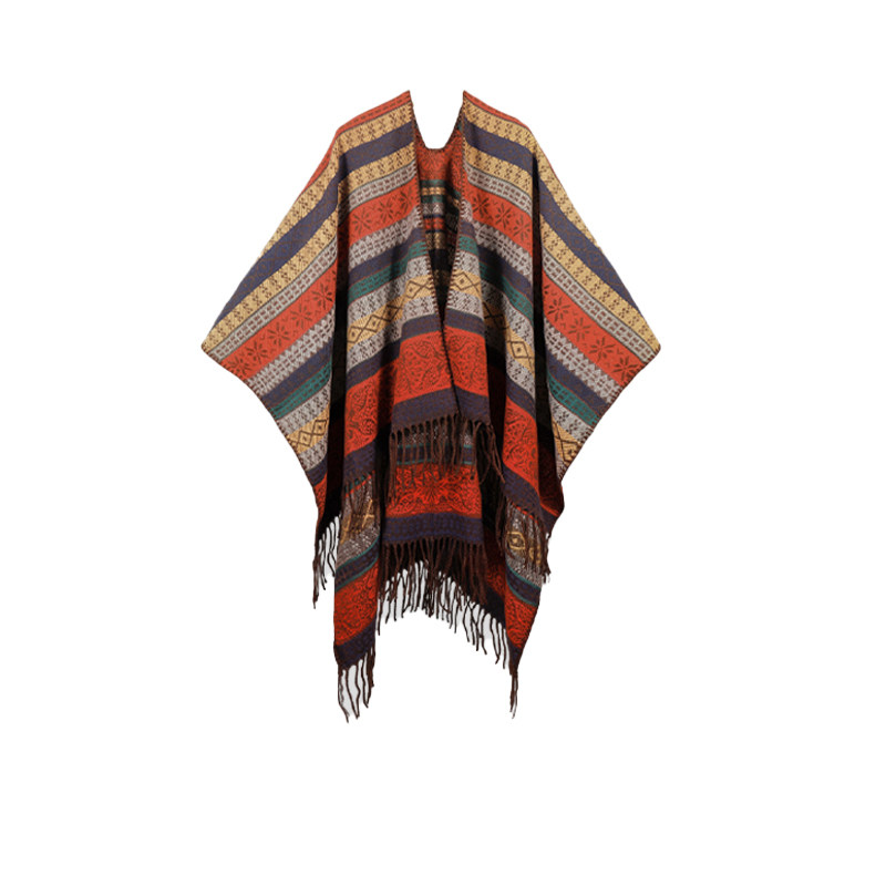 波西米亚条纹撞色披肩女西藏云南旅游拍照外搭复古民族风披风斗篷