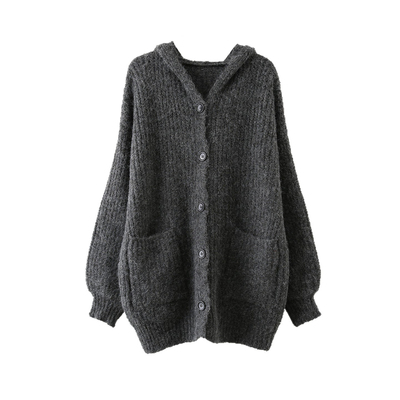 灰色连帽厚毛衣开衫外套女针织衫