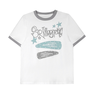 SagiDolls少女斗志双色发夹俏皮甜酷印花圆领短袖正肩T恤宽松显瘦