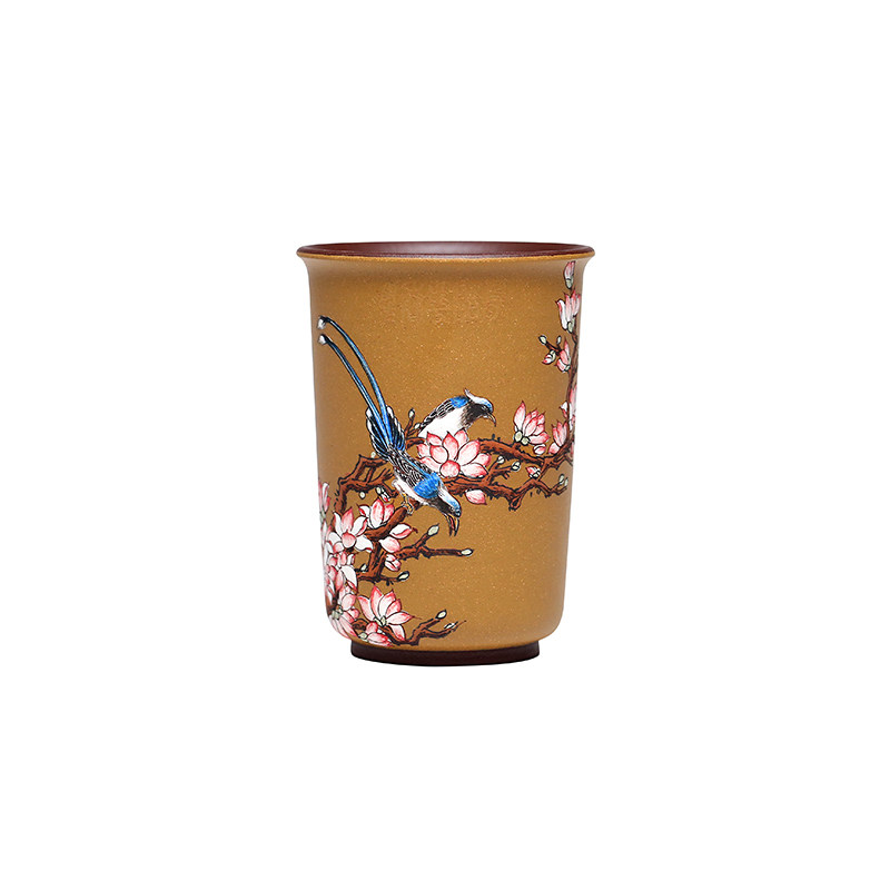 紫砂大师张小岭泥绘鸟语花香杯