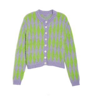 IU李知恩同款韩版演唱会上衣圆领开衫宽松拼色打底短针织毛衣外套