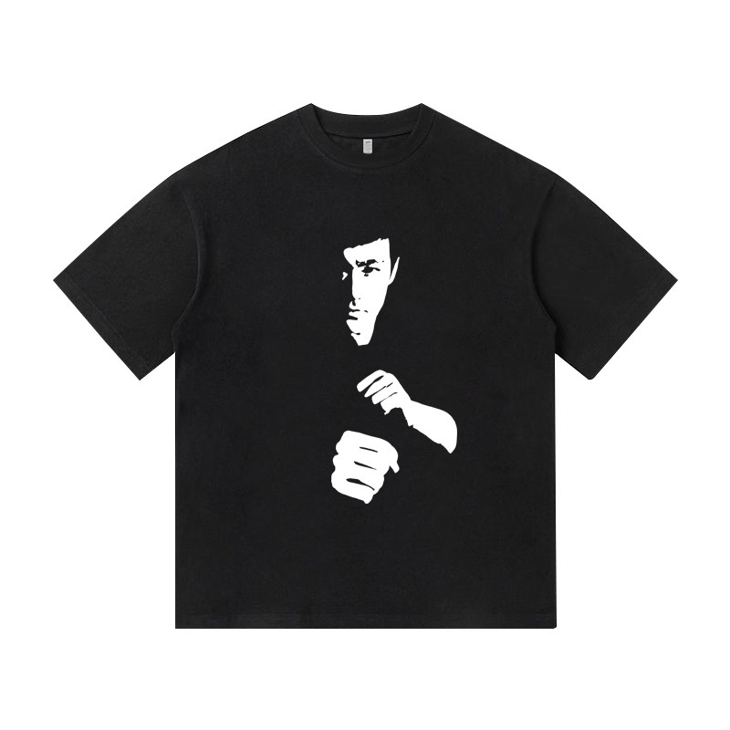 致敬BruceLee李小龙中国功夫复古印花重磅纯棉短袖T恤衫男装宽松