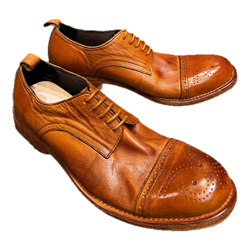 高端水洗纯圆头层植鞣牛皮鞋男款通勤英伦风布洛克德比鞋复古真皮