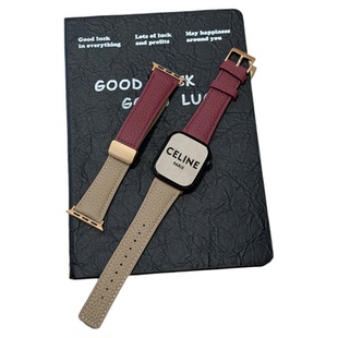 适用applewatch11代拼色荔枝纹真皮表带苹果手表ultra撞色磁吸扣皮腕带iwatchS10/9/8/7秋冬复古方扣款配件女