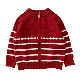 男童毛衣开衫外套春秋冬儿童针织衫上衣拉链韩版红色韩版中童小童