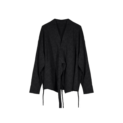 以休眠无领新中式飘带长袖衬衫