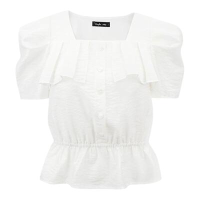 JUNGLE ME法式优雅方领气质收腰提花荷叶边小衫夏季百搭短袖上衣