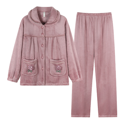 法兰绒女款中年妈妈睡衣保暖家居