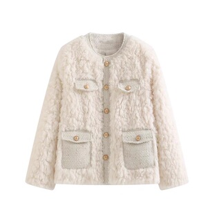 大码胖mm高级感小香风夹棉加厚白色羊羔毛绒外套女秋冬百搭上衣潮