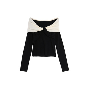 西町村屋韩系一字肩针织衫女春季新款撞色修身长袖上衣AA9112014