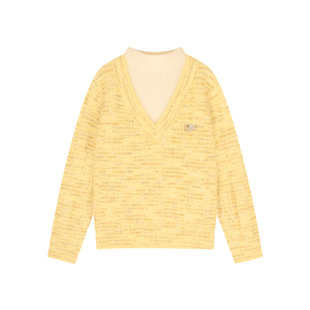 Amybaby女童上衣冬季2025新款保暖针织假两件中领宽松落肩袖毛衣