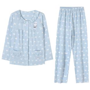 睡衣女士春秋款秋季纯棉长袖家居服全棉夏季薄款中年妈妈开衫套装