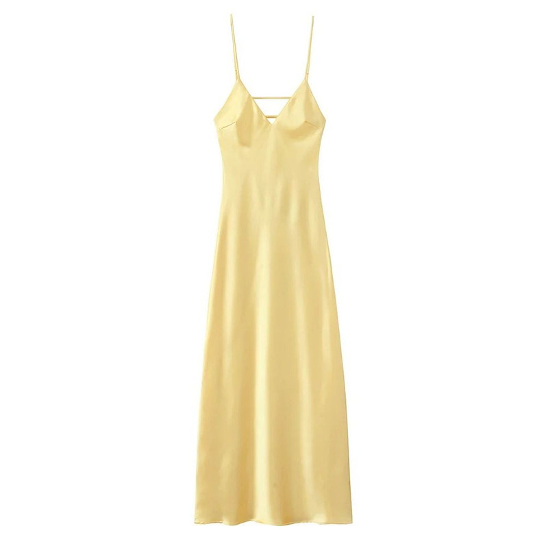 深V领纯色修身吊带连衣裙 Deep V-neck camisole dress for women