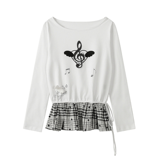 Double L2 音符印花纯棉长袖T恤女2026年慵懒百搭宽松轻亚风上衣