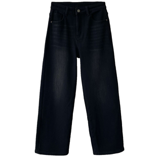 黑灰色高腰显瘦加厚加绒直筒牛仔裤女冬季裤子宽松窄版阔腿裤秋冬