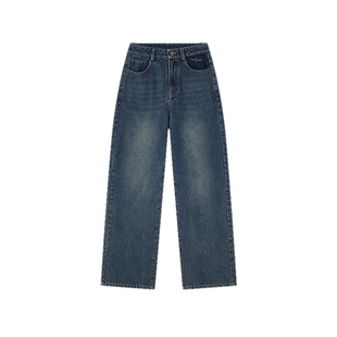 飞鸟和新酒磨白绣花高腰牛仔裤女2025秋季新款撞色直筒深色女裤