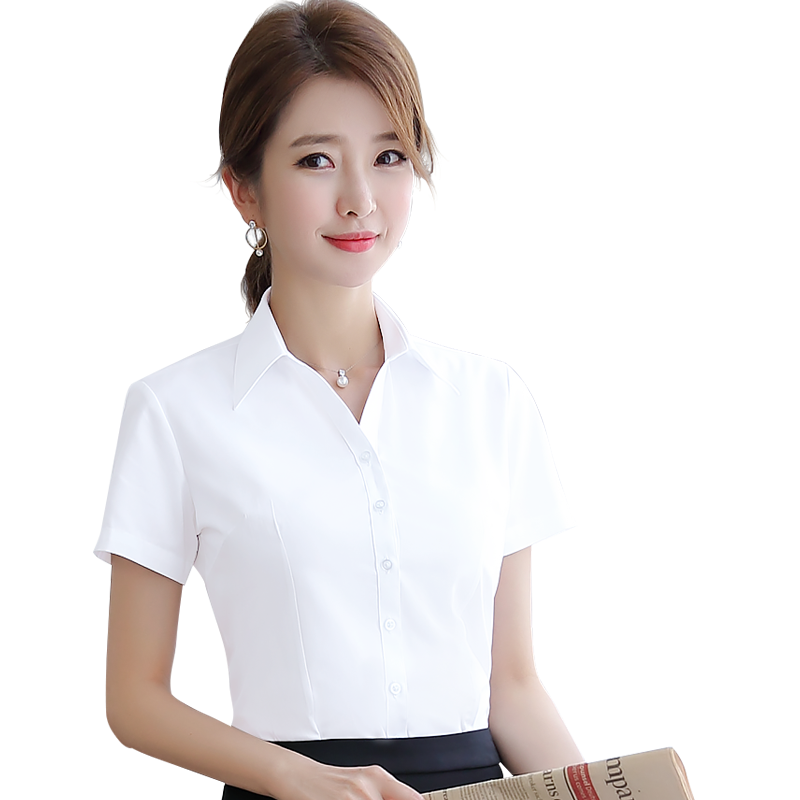 白衬衫女韩版修身全棉短袖职业衬衣工装工作服正装长袖V领寸衫ol