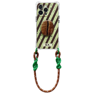 创意咖啡豆支架带挂绳手机壳适用苹果16PROMAX挂绳斜挎华为mate60pro四角开孔小米14ultra防摔软壳荣耀magic6