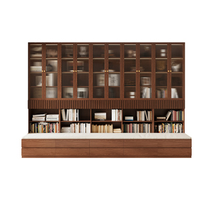 实木定制卡座书柜一体整墙满墙置储物落地书架客厅橡木玻璃展示柜