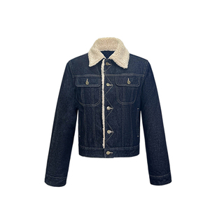 丹宁深蓝色羊羔绒领短款牛仔夹克女冬季保暖外套高级感超好看棉衣