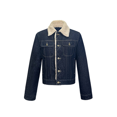 丹宁深蓝色羊羔绒领短款牛仔夹克
