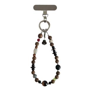 天然木质串珠手机链原创设计手腕挂链复古高级感手工链条短款手链天珠挂绳防摔腕带小众高端挂件挂饰金属卡片