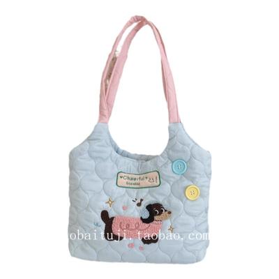 可爱刺绣小狗撞色单肩包托特包