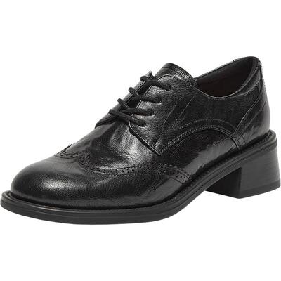 Bata牛津鞋女春秋季新款英伦风羊皮粗跟布洛克小皮鞋45019CM4