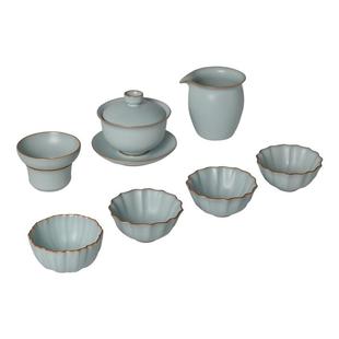 汝窑三才盖碗茶具套装家用景德镇陶瓷手工复古汝瓷随缘荷瓣礼盒装