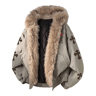 查尔斯桃心十字架印花毛领棉袄男女冬季新款保暖加厚休闲情侣外套