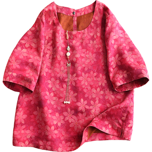 云澍原创 花罗香云纱新中式国风真丝桑蚕丝印花圆领上衣T恤女夏季