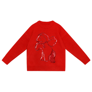 pocoblush【神马都好】珠片绣花新年红色毛衣女童冬季上衣糯米绒