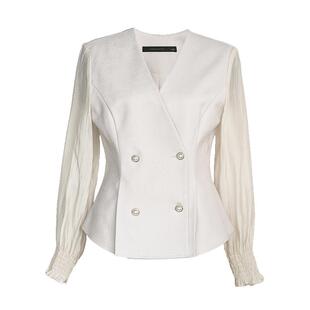 罗衣通勤OL风拼接V领衬衫女春季双排扣收腰衬衣长袖杏色上衣10078